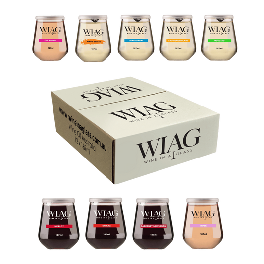 WIAG 24 Pack Single Varietal Wine Cups 187ml Stemless Stemmed Reusable PET Australian Made